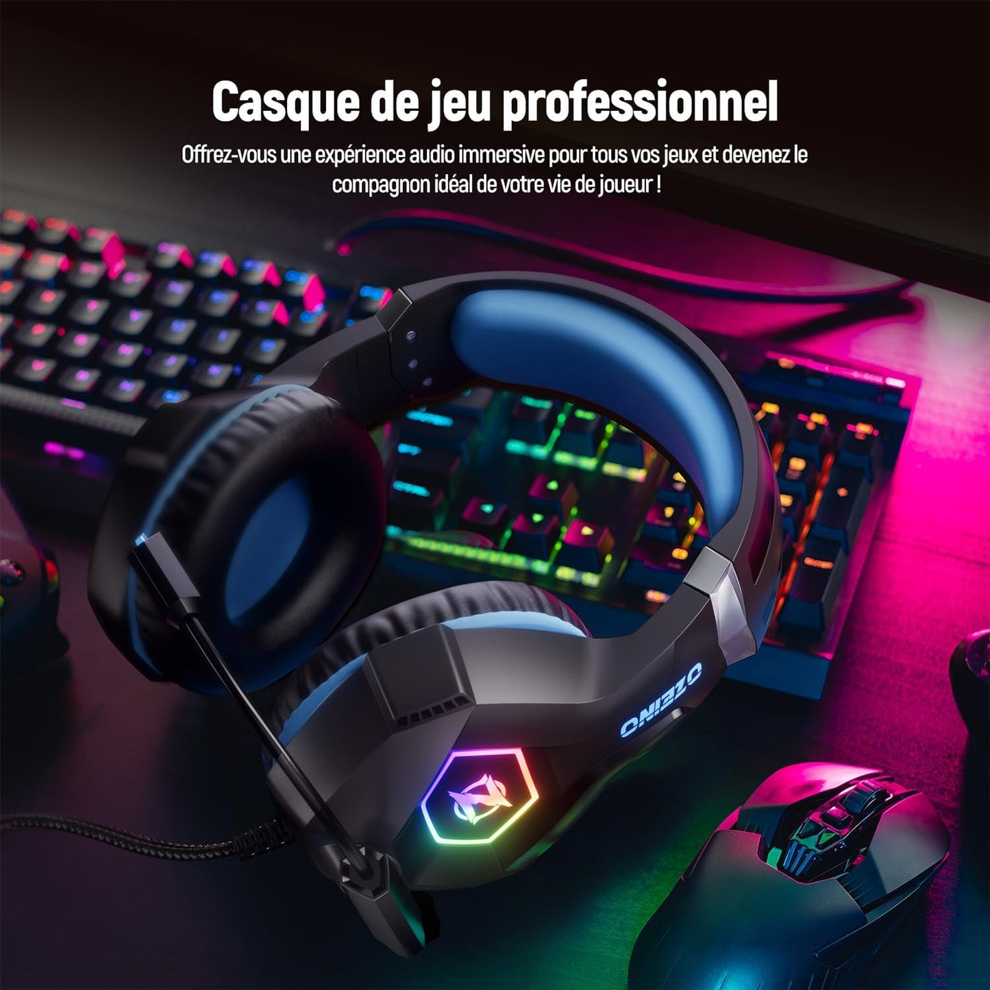 Ozeino Casque Gaming Pour PS5 PC PS4, Casque Gamer Pour Micro RGB 7 Couleurs Transducteurs 50Mm Stéréo Basse Micro Anti-Bruit Réglable Compatible Avec Switch Xbox Series X & S-Bleu Nior