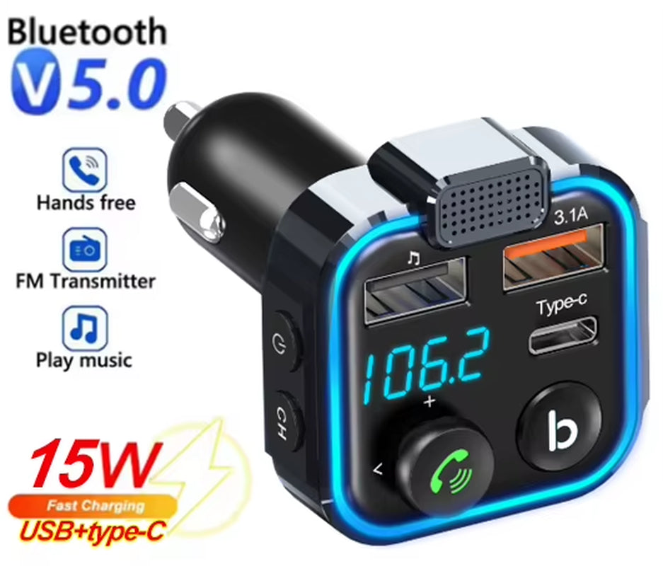 Bluetooth 5.0 FM Transmitter Wireless Radio Adapter Car Kit with Type-C PD 20W QC3.0 Fast Charger Supports U Disk Color Light