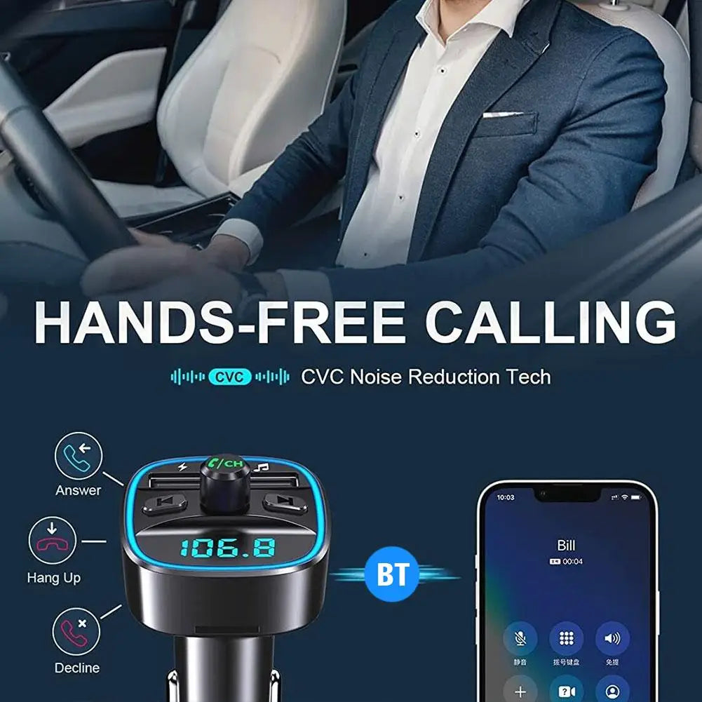 Car Adapter Bluetooth 5.0 Dual USB Port Charging Hands-Free Calling Blue LED Light Fast Charging FM Transmitter Car Accessories