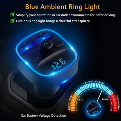 Car Adapter Bluetooth 5.0 Dual USB Port Charging Hands-Free Calling Blue LED Light Fast Charging FM Transmitter Car Accessories