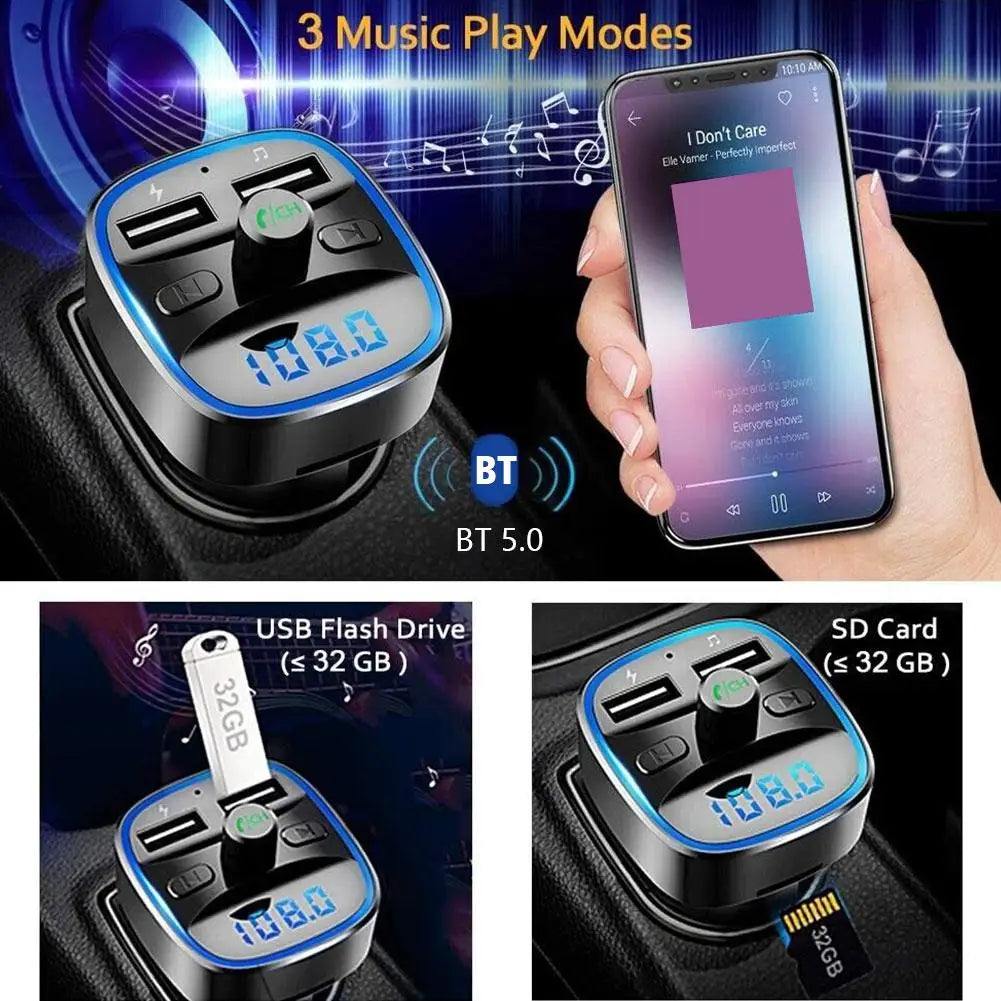 Car Adapter Bluetooth 5.0 Dual USB Port Charging Hands-Free Calling Blue LED Light Fast Charging FM Transmitter Car Accessories