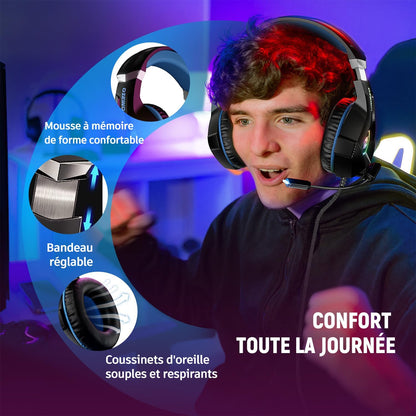 Ozeino Casque Gaming Pour PS5 PC PS4, Casque Gamer Pour Micro RGB 7 Couleurs Transducteurs 50Mm Stéréo Basse Micro Anti-Bruit Réglable Compatible Avec Switch Xbox Series X & S-Bleu Nior