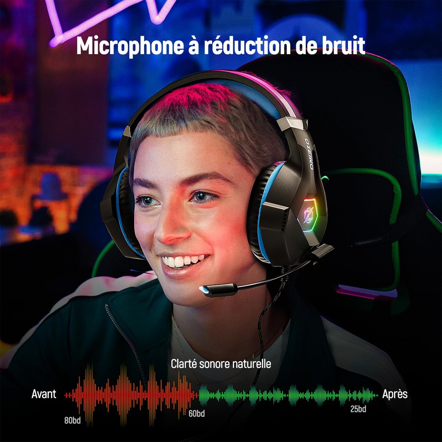 Ozeino Casque Gaming Pour PS5 PC PS4, Casque Gamer Pour Micro RGB 7 Couleurs Transducteurs 50Mm Stéréo Basse Micro Anti-Bruit Réglable Compatible Avec Switch Xbox Series X & S-Bleu Nior