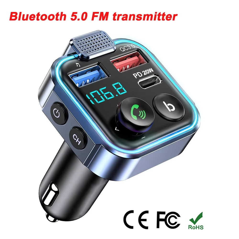 Bluetooth 5.0 FM Transmitter Wireless Radio Adapter Car Kit with Type-C PD 20W QC3.0 Fast Charger Supports U Disk Color Light